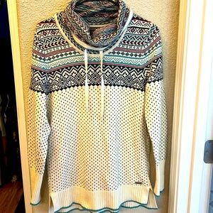 Eddie Bauer Cream Fair Isle Cowl Neck Sweater with Navy and Teal Accents